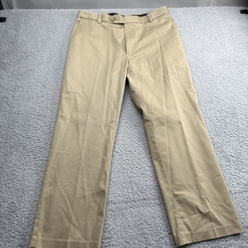 Roundtree & Yorke Travelsmart Pants Mens 34 x 28 Flat Front Beige Khaki Stretch